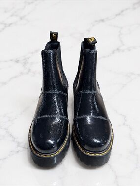 Dr. Martens Black Patent Lace-Up Platform Boots with Yellow Stitching